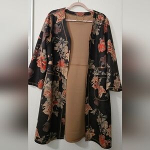 T Tahari Black Floral Trench Coat with Red and Beige Blooms